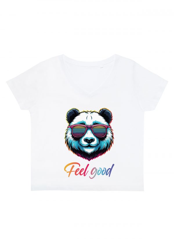 T-shirt blanc col V femme vue de face Panda lunettes futuristes I Col V Femmes / Panda ~ Colors Vibes