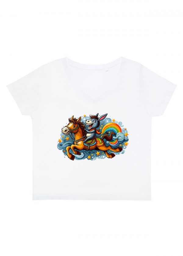 T-shirt blanc col V femme vue de face Visuel Anes I - Humours Col V Femmes / Ane ~ Humours