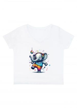 T-shirt blanc col V femme vue de face Visuel Eléphants I - Dances & fiestas Col V Femmes / Eléphant ~ Danses & Fiestas