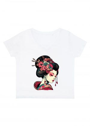 T-shirt blanc col V femme vue de face Visuel Geishas 1 - Asia (Stanley) Col V Femmes / Geïsha I ~ Asia