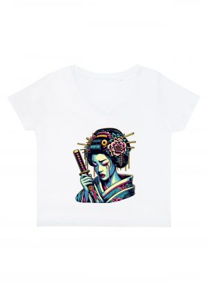T-shirt blanc col V femme vue de face Visuel Geishas 2 - Asia Col V Femmes / Geïsha II ~ Asia