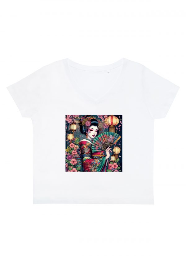 T-shirt blanc col V femme vue de face Visuel Geishas 3 - Asia Col V Femmes / Geïsha III ~ Asia