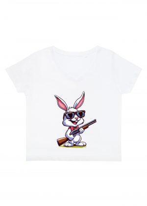 T-shirt blanc col V femme vue de face Visuel Lapins I - Humours Col V Femmes / Lapin ~ Humours