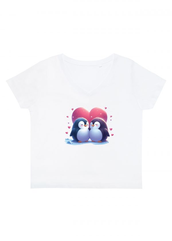 T-shirt blanc col V femme vue de face Visuel Pinguins II - Loves Col V Femmes / Pinguins II ~ Loves