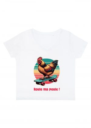 T-shirt blanc col V femme vue de face Visuel Poules III - Humours Col V Femmes / Poule III ~ Humours