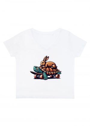 T-shirt blanc col V femme vue de face Visuel Tortues I - Humours Col V Femmes / Tortue & Lièvre ~ Humours