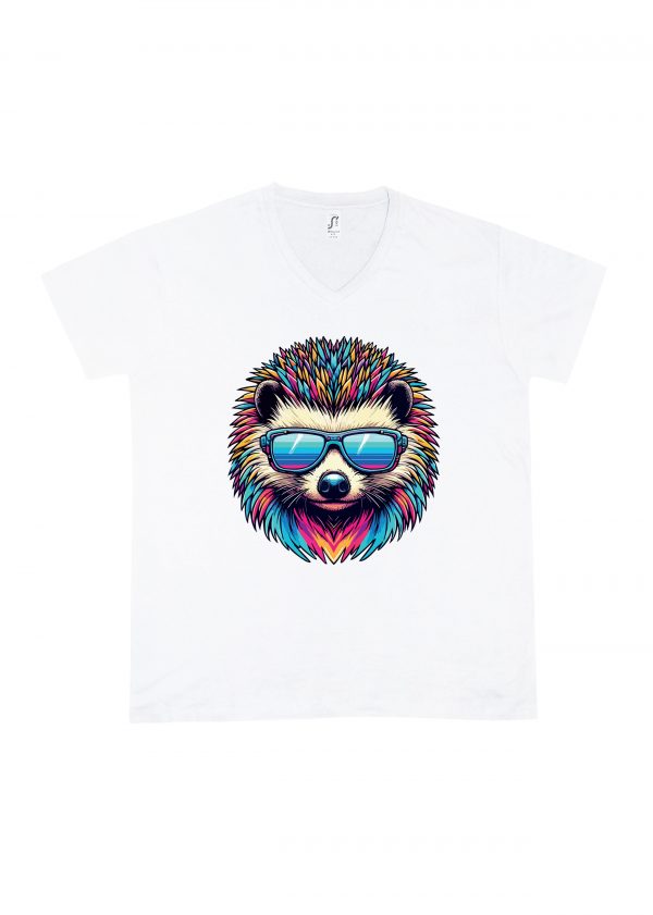 T-shirt blanc col V homme vue de face Hérissons lunettes futuristes I Col V Hommes / Hérisson I ~ Colors Vibes