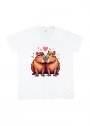T-shirt blanc col V homme vue de face Visuel Capybaras amoureux I - Loves Col V Hommes / Capybaras ~ Loves