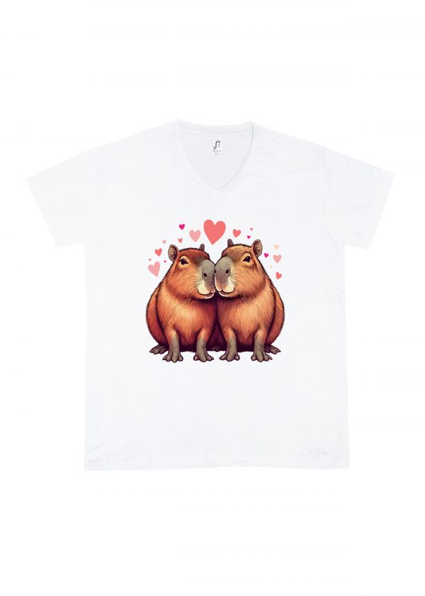 T-shirt blanc col V homme vue de face Visuel Capybaras amoureux I - Loves Col V Hommes / Capybaras ~ Loves