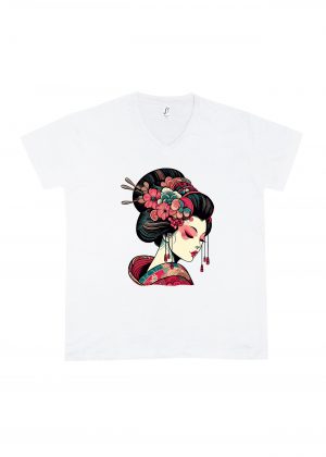 T-shirt blanc col V homme vue de face Visuel Geishas I - Asia Col V Hommes / Geïsha I ~ Asia