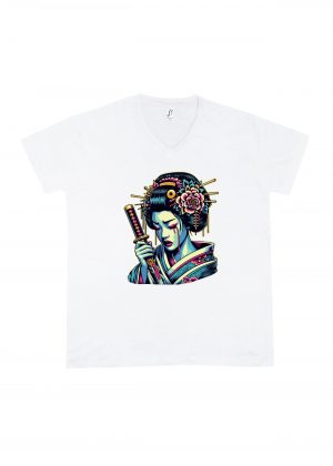 T-shirt blanc col V homme vue de face Visuel Geishas II - Asia Col V Hommes / Geïsha II ~ Asia