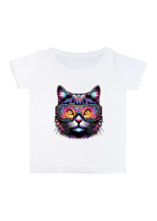 T-shirt blanc col rond large femme vue de face Chats lunettes I Col rond Femmes / Chat ~ Colors Vibes