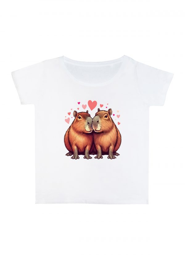 T-shirt blanc col rond large femme vue de face Visuel Capybaras amoureux I - Loves Col rond Femmes / Capybaras ~ Loves