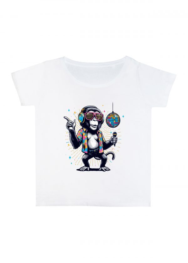 T-shirt blanc col rond large femme vue de face Visuel Singes I - Dances & fiestas Col rond Femmes / Singe I ~ Danses & Fiestas
