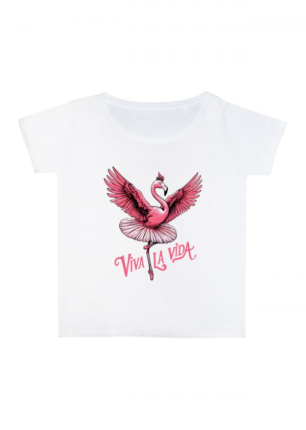 T-shirt blanc col rond large femme vue de face Visuel animaux drôles I -Dances & fiestas Col rond Femmes / Flamant rose ~ Danses & Fiestas