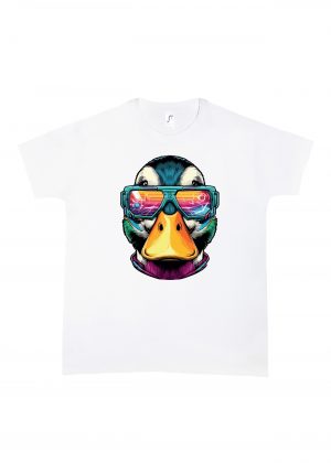 Tshirt blanc col rond homme vue de face Canards lunettes futuristes I Col rond Hommes / Canard ~ Colors Vibes