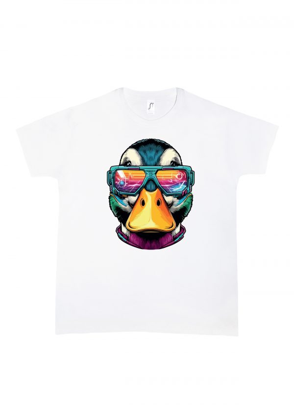 Tshirt blanc col rond homme vue de face Canards lunettes futuristes I Col rond Hommes / Canard ~ Colors Vibes