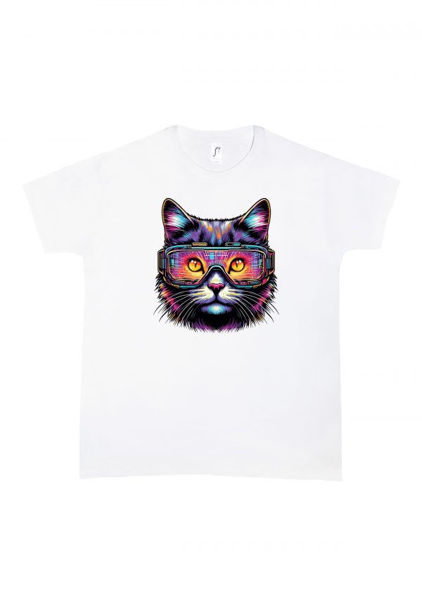 Tshirt blanc col rond homme vue de face Chats lunettes I Col rond Hommes / Chat ~ Colors Vibes