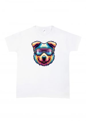 Tshirt blanc col rond homme vue de face Chien lunettes futuristes I Col rond Hommes / Chien ~ Colors Vibes