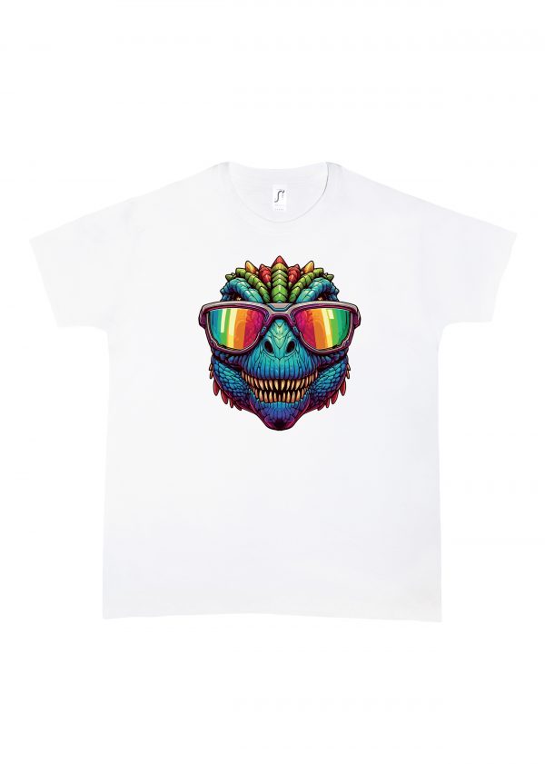Tshirt blanc col rond homme vue de face Dinosaures lunettes II Col rond Hommes / Dinosaure II ~ Colors Vibes