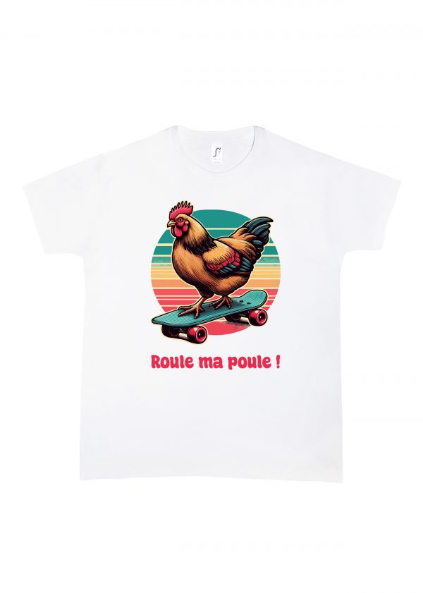 Tshirt blanc col rond homme vue de face Visuel Poules III - Humours Col rond Hommes / Poule III ~ Humours