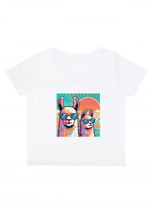T-shirt blanc col V femme vue de face Visuel Alpagas I - Animaux Col V Femmes / Alpaga ~ Summers Vibes