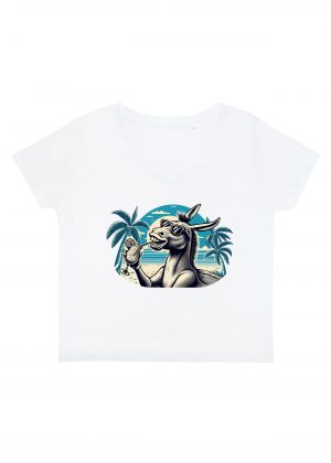 T-shirt blanc col V femme vue de face Visuel Ânes I - Eat me, drunk me Col V Femmes / Âne I ~ Summers Vibes