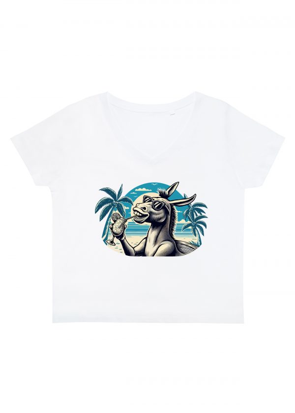 T-shirt blanc col V femme vue de face Visuel Ânes I - Eat me, drunk me Col V Femmes / Âne I ~ Summers Vibes