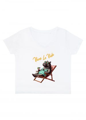 T-shirt blanc col V femme vue de face Visuel Animaux drôles I - Humours Col V Femmes / Hippopotame II ~ Summers Vibes