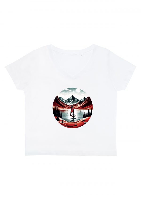 T-shirt blanc col V femme vue de face Visuel Lacs I - Sports & jeux Col V Femmes / Lac ~ Summers Vibes