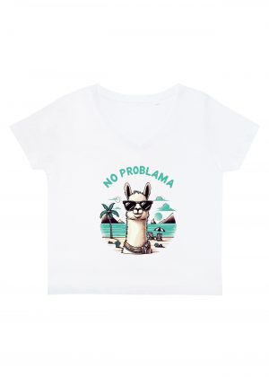 T-shirt blanc col V femme vue de face Visuel Lamas I - Animaux Col V Femmes / Lama I ~ Summer Vibes