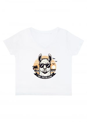 T-shirt blanc col V femme vue de face Visuel Lamas II - Animaux Col V Femmes / Lama II ~ Summers Vibes