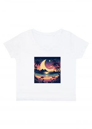T-shirt blanc col V femme vue de face Visuel Lune de mer I - Paysages Col V Femmes / Lune de Mer ~ Summers Vibes