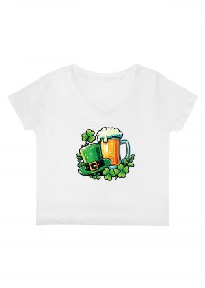 T-shirt blanc col V femme vue de face Visuel fête de la Saint Patrick III - Saint Patrick Col V Femmes / Bière II ~ Saint Patrick