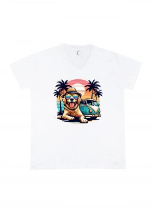 T-shirt blanc col V homme vue de face Visuel Chiens I - Humours Col V Hommes / Chien ~ Summers Vibes
