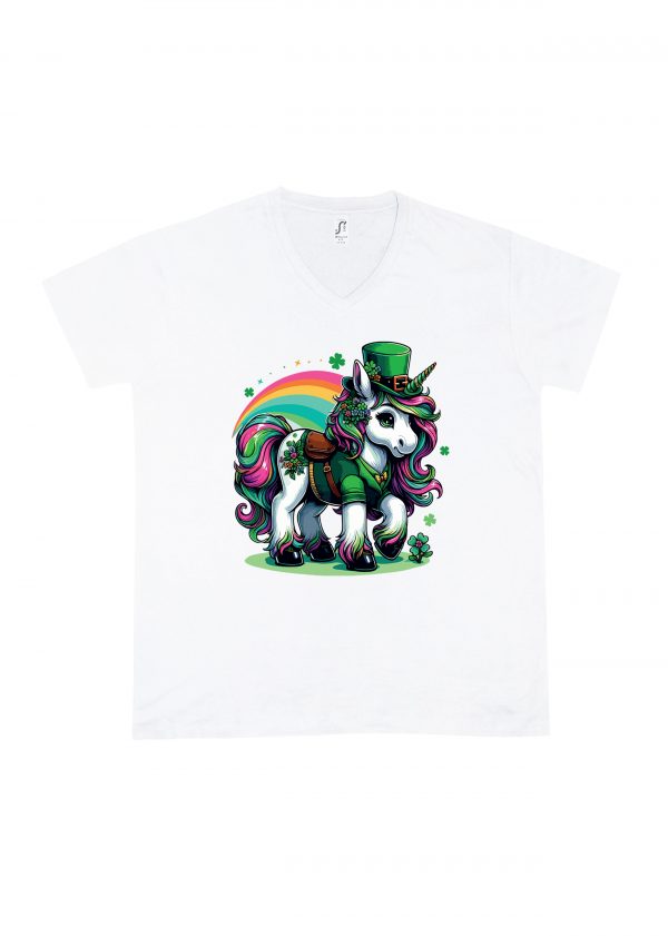 T-shirt blanc col V homme vue de face Visuel Licornes I - Saint Patrick Col V Hommes / Licorne ~ Saint Patrick
