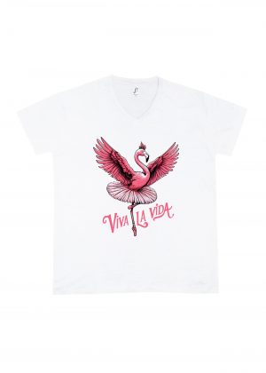 T-shirt blanc col V homme vue de face Visuel animaux drôles I - Dances & fiestas Col V Hommes / Flamant rose ~ Danses & Fiestas