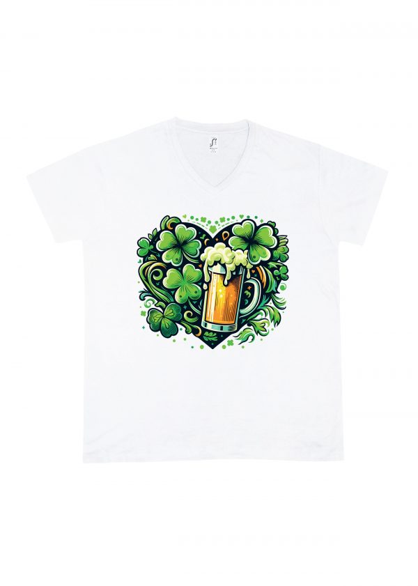 T-shirt blanc col V homme vue de face Visuel fête de la Saint Patrick IV - Saint Patrick Col V Hommes / Bière I ~ Saint Patrick