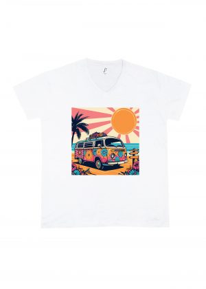 T-shirt blanc col V homme vue de face Visuel van II - Véhicules Col V Hommes / Van II ~ Vintages Cars