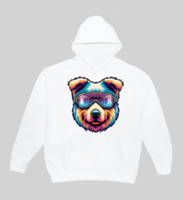 Sweets blanc capuche adultes vue de face Chien lunettes futuristes I Sweats à capuche Unisexe Adultes / Chien ~ Colors Vibes