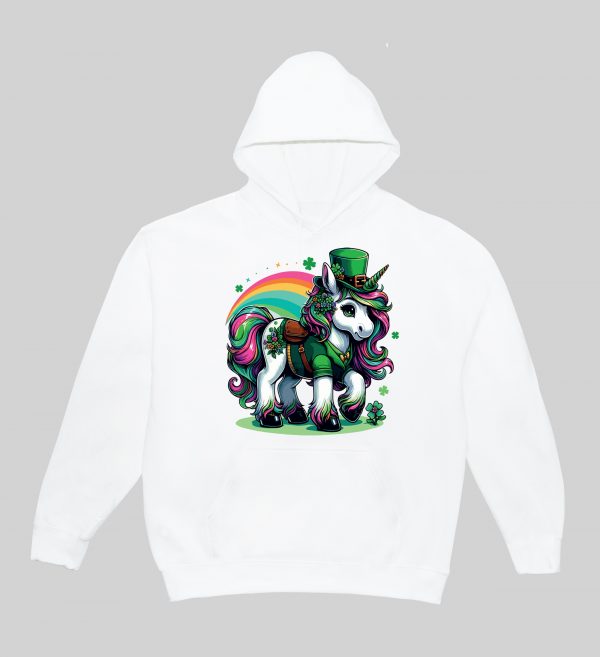 Sweets blanc capuche adultes vue de face Visuel Licornes I - Saint Patrick Sweats à capuche Unisexe Adultes / Licorne ~ Saint Patrick
