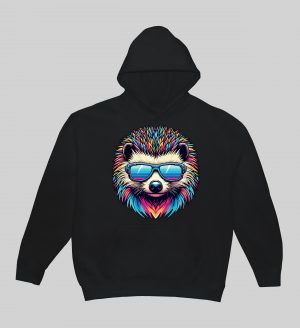 Sweets noir capuche adultes vue de face Hérissons lunettes futuristes I Sweats à capuche Unisexe Adultes / Hérisson I ~ Colors Vibes