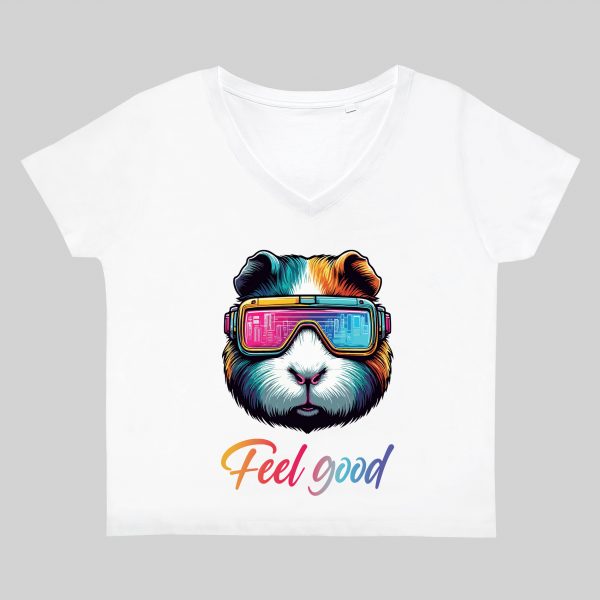 T-shirt blanc col V femme vue de face Cochons d'Inde lunettes futuristes I Col V Femmes / Cochon d'Inde ~ Colors Vibes