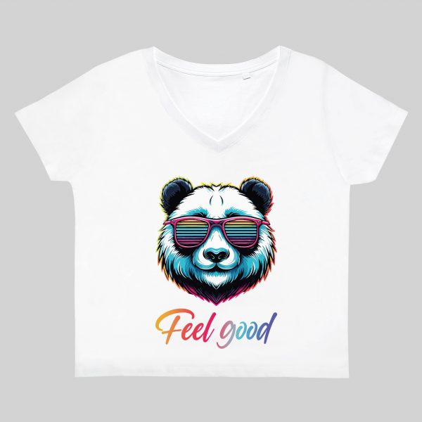T-shirt blanc col V femme vue de face Panda lunettes futuristes I Col V Femmes / Panda ~ Colors Vibes