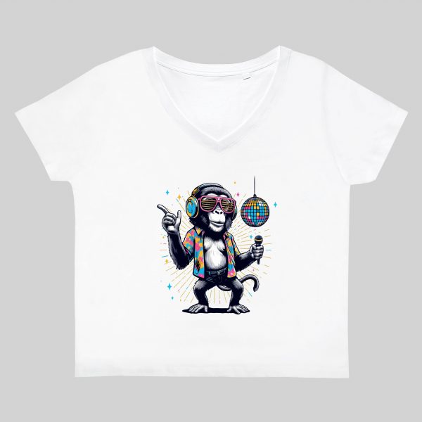 T-shirt blanc col V femme vue de face Visuel Singes I - Dances & fiestas Col V Femmes / Singe I ~ Danses & Fiestas