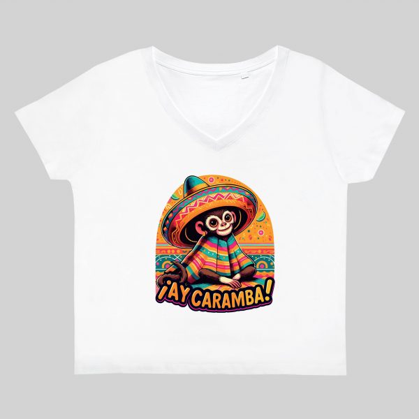 T-shirt blanc col V femme vue de face Visuel Singes II - Dances & fiestas Col V Femmes / Singe II ~ Danses & Fiestas