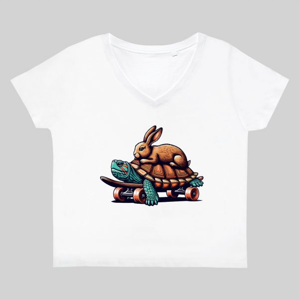 T-shirt blanc col V femme vue de face Visuel Tortues I - Humours Col V Femmes / Tortue & Lièvre ~ Humours