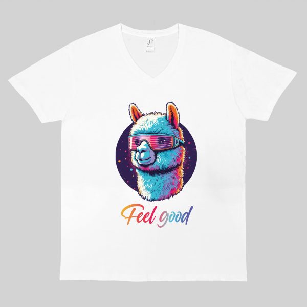T-shirt blanc col V homme vue de face Alpaga lunettes futuristes I Col V Hommes / Alpaga ~ Colors Vibes