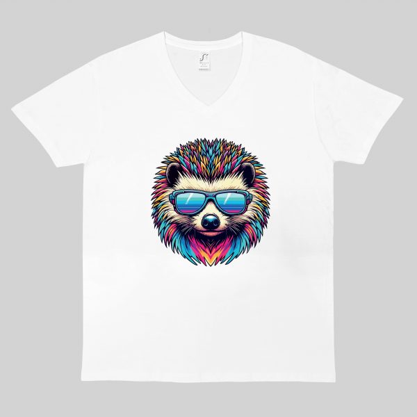 T-shirt blanc col V homme vue de face Hérissons lunettes futuristes I Col V Hommes / Hérisson I ~ Colors Vibes