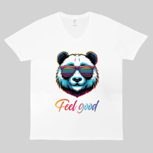 T-shirt blanc col V homme vue de face Panda lunettes futuristes I Col V Hommes / Panda ~ Colors Vibes